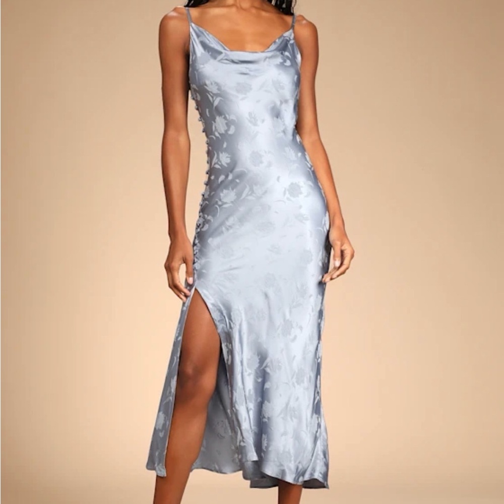 Slate blue floral satin dress
